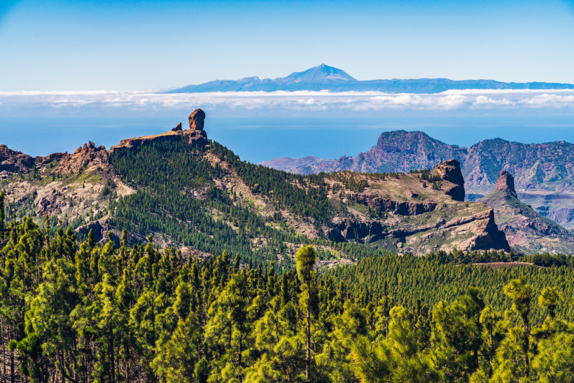 Gran Canaria: Roque Nublo und Blick auf den Teide auf Teneriffa Panoramablick auf den markanten Roque Nublo auf Gran Canaria mit Pinienwald im Vordergrund und dem Teide auf Teneriffa in der Ferne über den Wolken