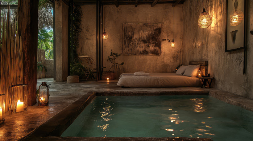 Mexiko rustikales, modernes Heilbad in Tulum mit heiliger Energie. neutrale Töne. Nacht. hyperrealistisch. filmisch.