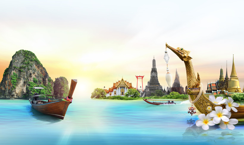 Thailand - Krabi Das Bild ist eine farbenfrohe Collage, die zentrale Symbole Thailands vereint: Links sind typische Kalksteinfelsen mit Longtail-Booten in türkisblauem Wasser zu sehen – ein Motiv aus Südthailand. In der Mitte erheben sich verschiedene berühmte Tempel Bang