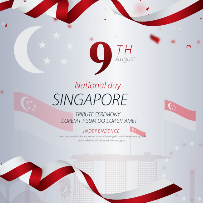 Singapur Illustration zum Nationalfeiertag von Singapur am 9. August. Im Vordergrund rote und weiße Bänder in den Farben der Nationalflagge, dazu ein Halbmond mit Sternen sowie stilisierte Singapur-Flaggen. Im Hintergrund angedeutet: Skyline von Singapur mit dem M