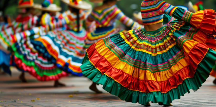 Tänzerinnen in farbenfrohen, traditionellen Kleidern wirbeln während einer folkloristischen Aufführung