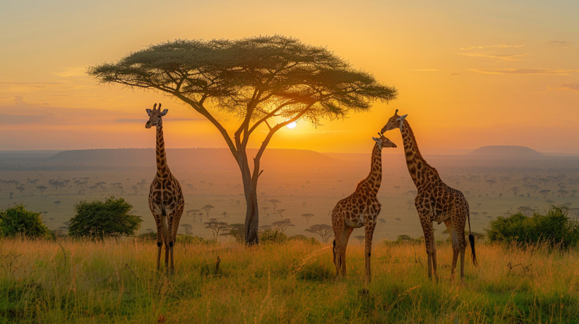 Südafrika Drei Giraffen stehen in der afrikanischen Savanne bei Sonnenuntergang unter einem markanten Schirmakazienbaum. Die Sonne geht am Horizont unter und taucht die Landschaft in warmes, goldenes Licht. Im Hintergrund erstreckt sich die weite Savanne mit flache