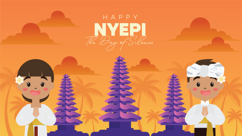 Bali Illustration zum balinesischen Feiertag Nyepi – The Day of Silence. Im Zentrum steht der Text 'Happy Nyepi – The Day of Silence' vor einem orangen Sonnenuntergang mit Palmen und Tempeln im Hintergrund. Links eine gezeichnete balinesische Frau mit Blume im
