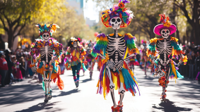 Tag der Toten Künstler in farbenfrohen Skelettkostümen mit buntem Federschmuck und Blumen bei einer Día de los Muertos Parade auf einer sonnigen Straße