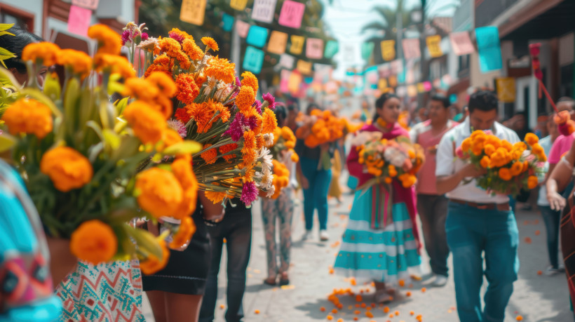 Mexiko Lebhafte Prozession zum Dia de los Muertos mit Ringelblumensträußen und traditionellen Kostümen bei einer festlichen Straßenparade