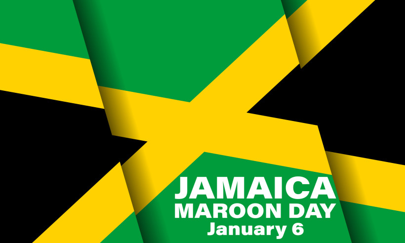 Jamaika Grafik mit der jamaikanischen Flagge im Hintergrund. In der unteren rechten Ecke steht in weißer Schrift: 'Jamaica Maroon Day – January 6'. Die Flagge zeigt ein gelbes Kreuz, das in vier Dreiecke unterteilt: zwei grüne oben links und unten rechts, sowie z