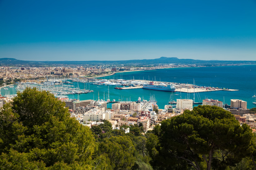 Hafen von Palma de Mallorca mit Kreuzfahrtschiff und Yachthafen, Blick über die Bucht