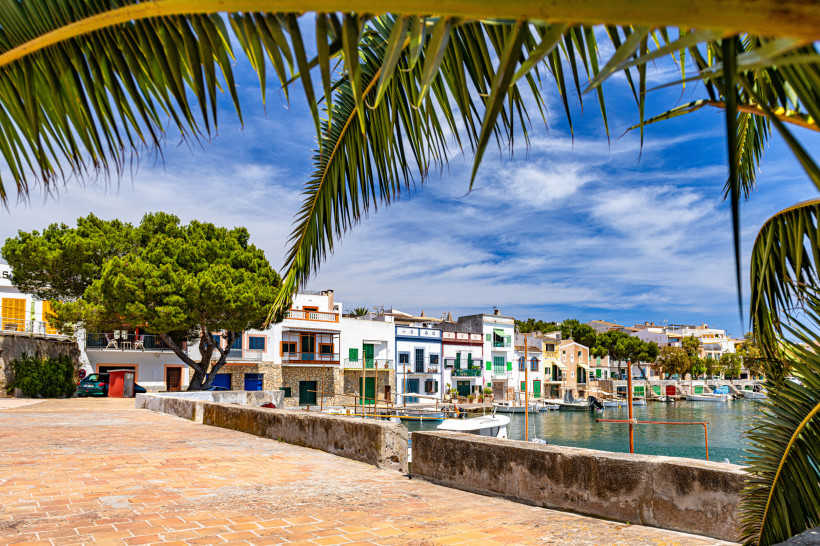 Hafenpromenade in Portocolom mit Booten im Wasser und Häuserzeile, eingerahmt von Palmenblättern