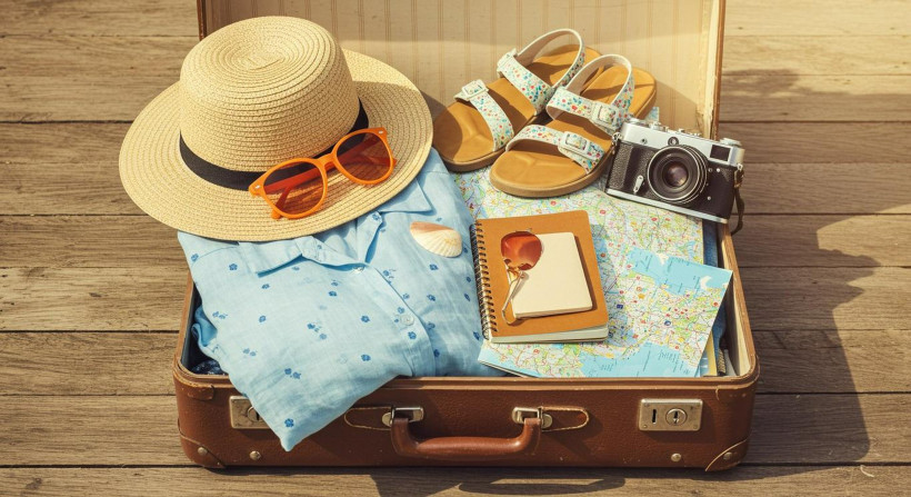 Offener Reisekoffer mit Sommerhut, Sonnenbrille, Kleidung, Sandalen, Kamera und Reisezubehör auf einem Holzsteg