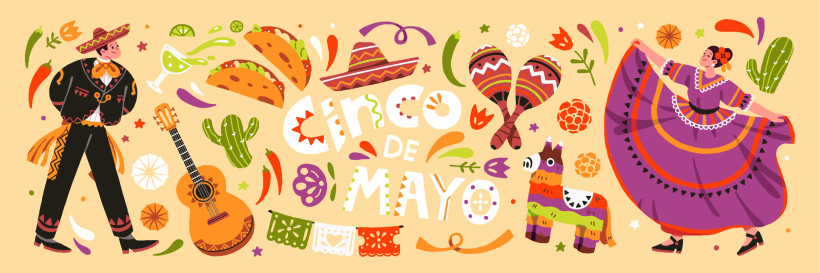 Eine farbenfrohe Illustration zur Feier des Cinco de Mayo. Zu sehen sind ein charismatischer Mariachi-Musiker, eine traditionelle Tänzerin in einem leuchtenden Kleid, bunte Girlanden, Maracas, Sombreros, Tacos und typische mexikanische Dekorationen. Das B