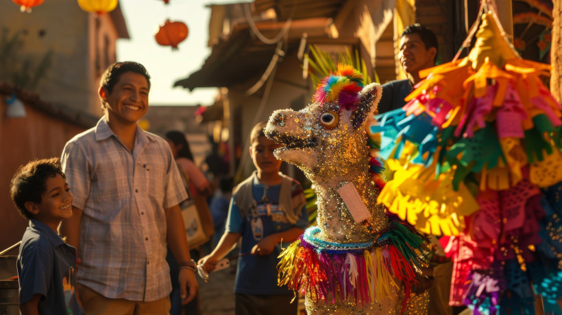 Mexiko Festliche Feier von Las Posadas in Mexiko mit Piñata-Prozession und farbenfrohen Dekorationen