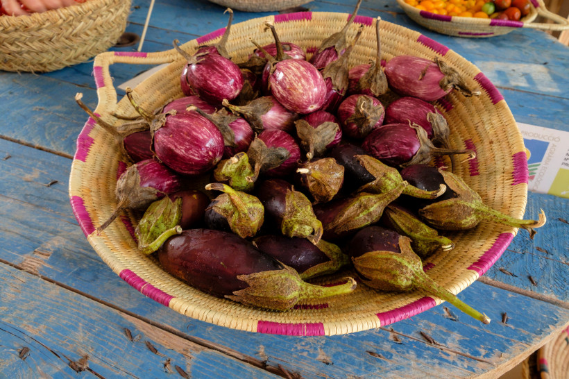 Ein geflochtener Korb voller Auberginen auf einem blauen Holztisch. Zu sehen sind runde, violett-weiß gestreifte Auberginen sowie dunkellila längliche Auberginen mit grünen Stielen.