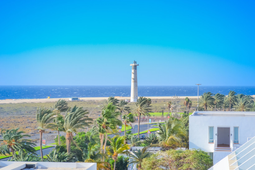 Leuchtturm Faro de Morro Jable an der Küste mit Palmen und Meer im Hintergrund