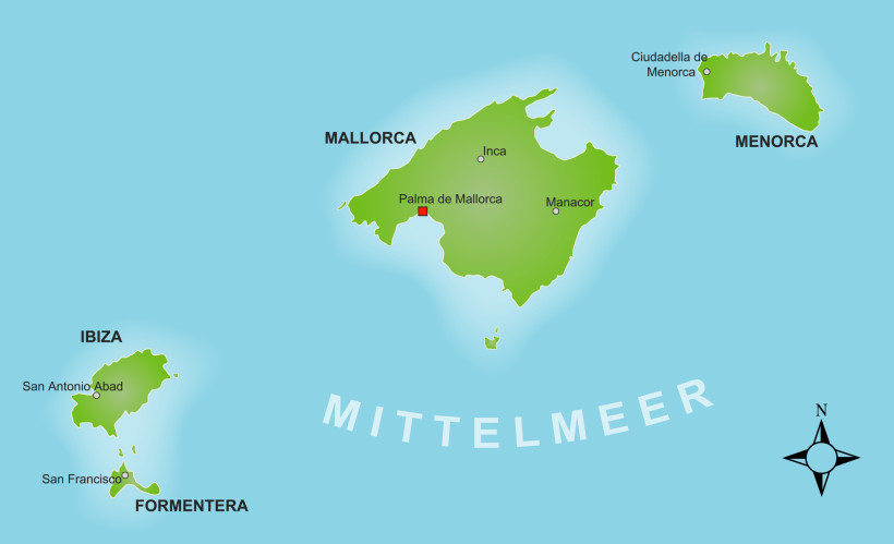 Balearen-Karte mit den Inseln Mallorca, Menorca, Ibiza und Formentera Karte der Balearen im Mittelmeer mit Mallorca, Menorca, Ibiza und Formentera sowie markierten Orten